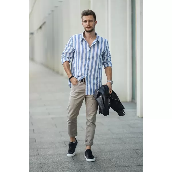 JMIERR Men's Cotton Shirts Casual Long Sleeve Button-Down Striped Dress Shirt