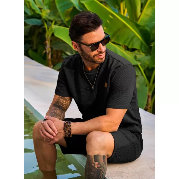JMIERR Men's Jacquard Knit Lounge Sets Short Sleeve T-Shirts and Shorts Matching Set Loungewear Sweatsuit with Pockets