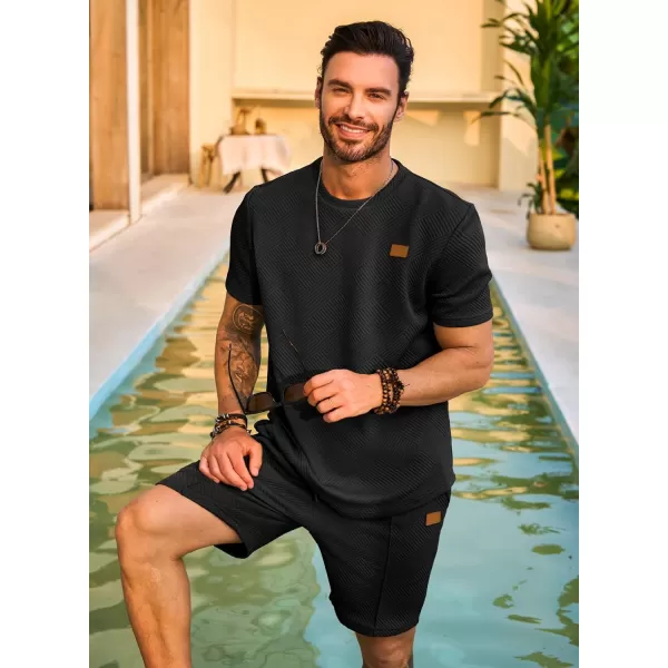 JMIERR Men's Jacquard Knit Lounge Sets Short Sleeve T-Shirts and Shorts Matching Set Loungewear Sweatsuit with Pockets