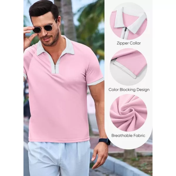 JMIERR Mens Knit Polo Shirts Quarter Zip Shirts Casual Stripe Summer Lightweight Short Sleeve Golf Collared Shirt