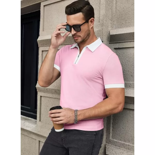 JMIERR Mens Knit Polo Shirts Quarter Zip Shirts Casual Stripe Summer Lightweight Short Sleeve Golf Collared Shirt