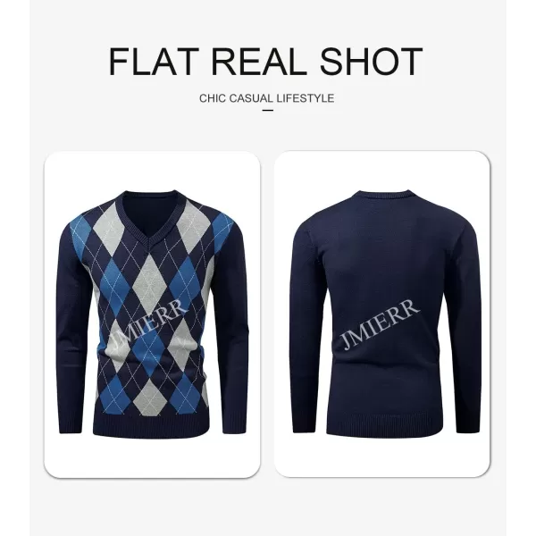 JMIERR Mens Sweaters Casual V Neck Ribbed Knit Slim Fit Long Sleeve Argyle Pullover