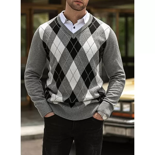 JMIERR Mens Sweaters Casual V Neck Ribbed Knit Slim Fit Long Sleeve Argyle Pullover
