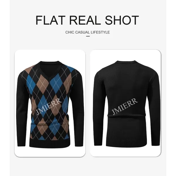JMIERR Mens Sweaters Casual V Neck Ribbed Knit Slim Fit Long Sleeve Argyle Pullover
