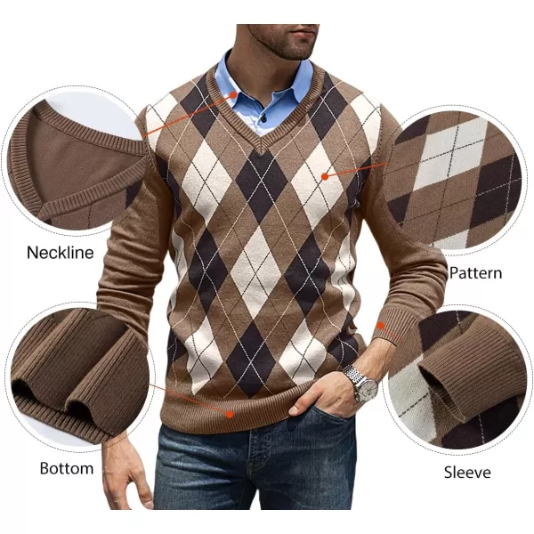 JMIERR Mens Sweaters Casual V Neck Ribbed Knit Slim Fit Long Sleeve Argyle Pullover