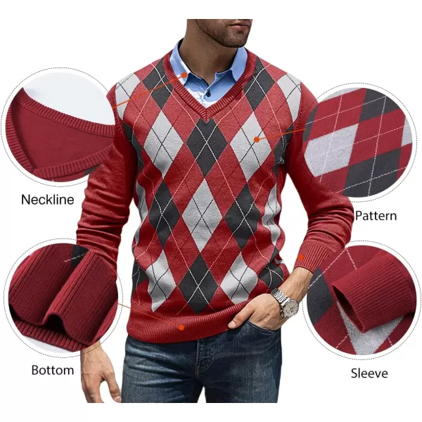 JMIERR Mens Sweaters Casual V Neck Ribbed Knit Slim Fit Long Sleeve Argyle Pullover