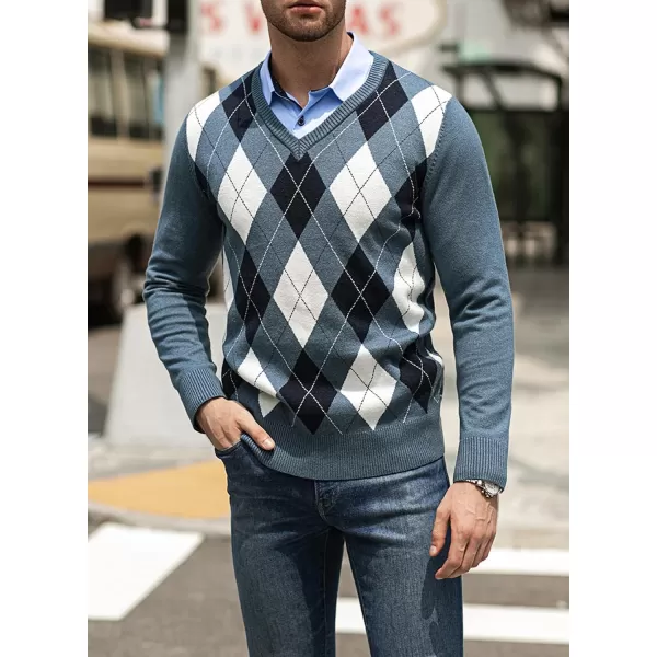 JMIERR Mens Sweaters Casual V Neck Ribbed Knit Slim Fit Long Sleeve Argyle Pullover