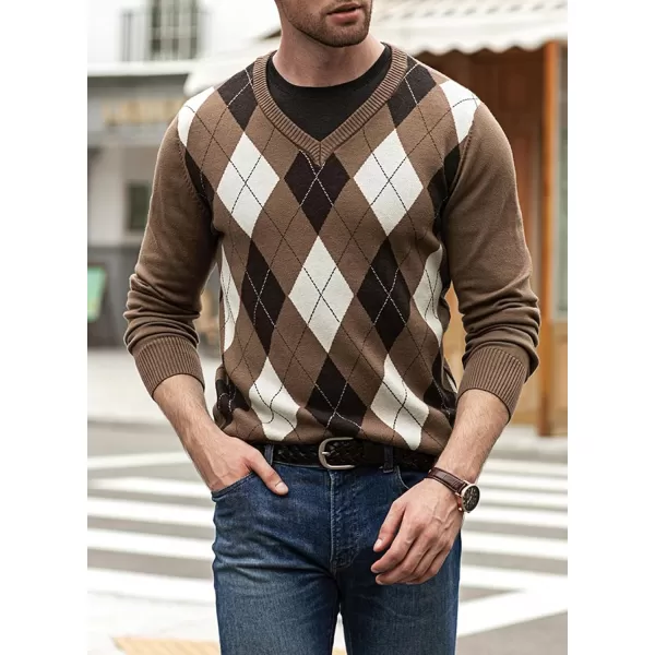 JMIERR Mens Sweaters Casual V Neck Ribbed Knit Slim Fit Long Sleeve Argyle Pullover