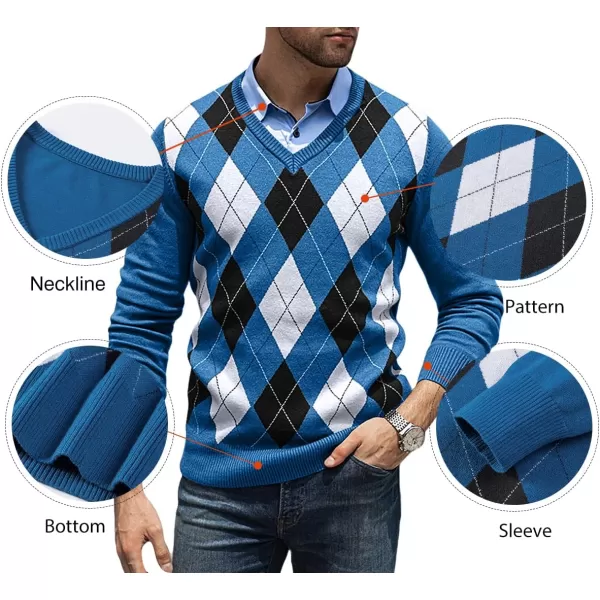 JMIERR Mens Sweaters Casual V Neck Ribbed Knit Slim Fit Long Sleeve Argyle Pullover
