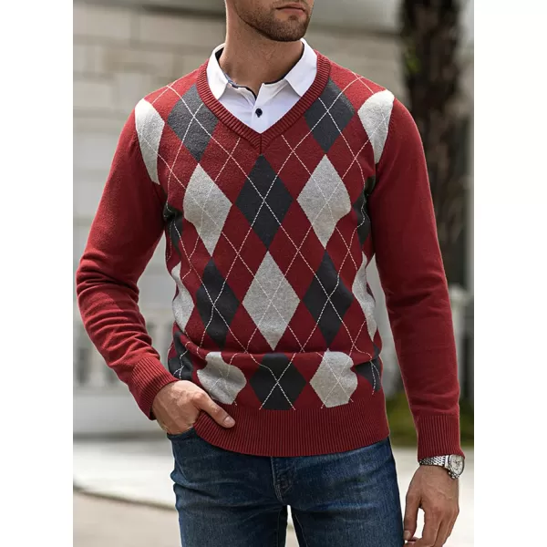 JMIERR Mens Sweaters Casual V Neck Ribbed Knit Slim Fit Long Sleeve Argyle Pullover