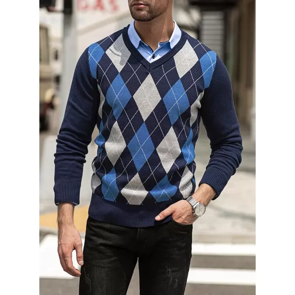 JMIERR Mens Sweaters Casual V Neck Ribbed Knit Slim Fit Long Sleeve Argyle Pullover
