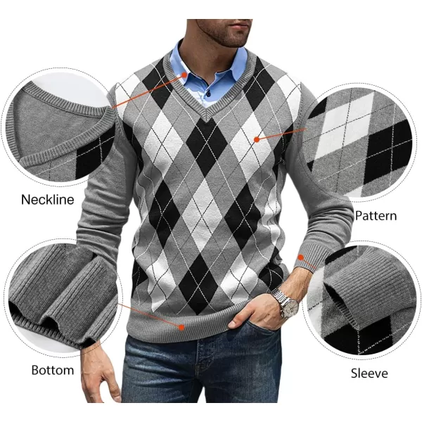 JMIERR Mens Sweaters Casual V Neck Ribbed Knit Slim Fit Long Sleeve Argyle Pullover