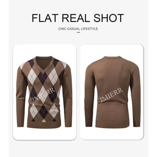 JMIERR Mens Sweaters Casual V Neck Ribbed Knit Slim Fit Long Sleeve Argyle Pullover