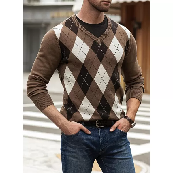 JMIERR Mens Sweaters Casual V Neck Ribbed Knit Slim Fit Long Sleeve Argyle Pullover