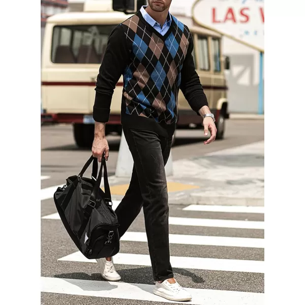 JMIERR Mens Sweaters Casual V Neck Ribbed Knit Slim Fit Long Sleeve Argyle Pullover