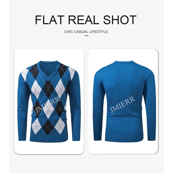 JMIERR Mens Sweaters Casual V Neck Ribbed Knit Slim Fit Long Sleeve Argyle Pullover
