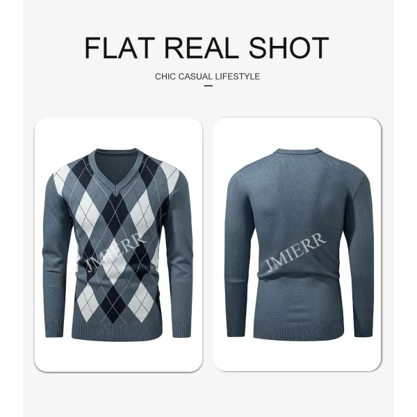 JMIERR Mens Sweaters Casual V Neck Ribbed Knit Slim Fit Long Sleeve Argyle Pullover