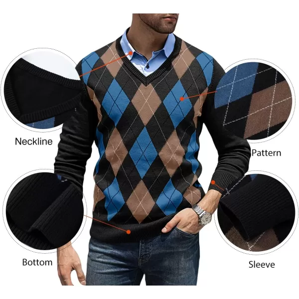 JMIERR Mens Sweaters Casual V Neck Ribbed Knit Slim Fit Long Sleeve Argyle Pullover