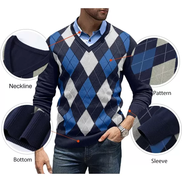JMIERR Mens Sweaters Casual V Neck Ribbed Knit Slim Fit Long Sleeve Argyle Pullover