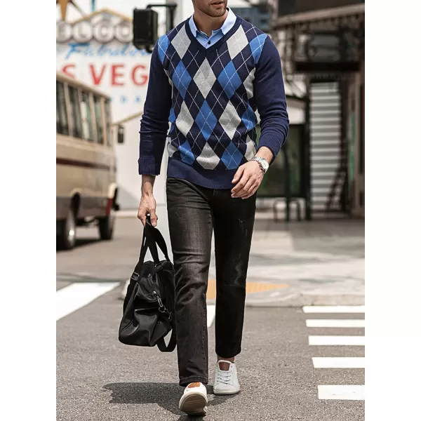JMIERR Mens Sweaters Casual V Neck Ribbed Knit Slim Fit Long Sleeve Argyle Pullover