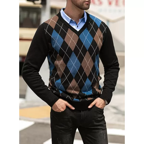 JMIERR Mens Sweaters Casual V Neck Ribbed Knit Slim Fit Long Sleeve Argyle Pullover