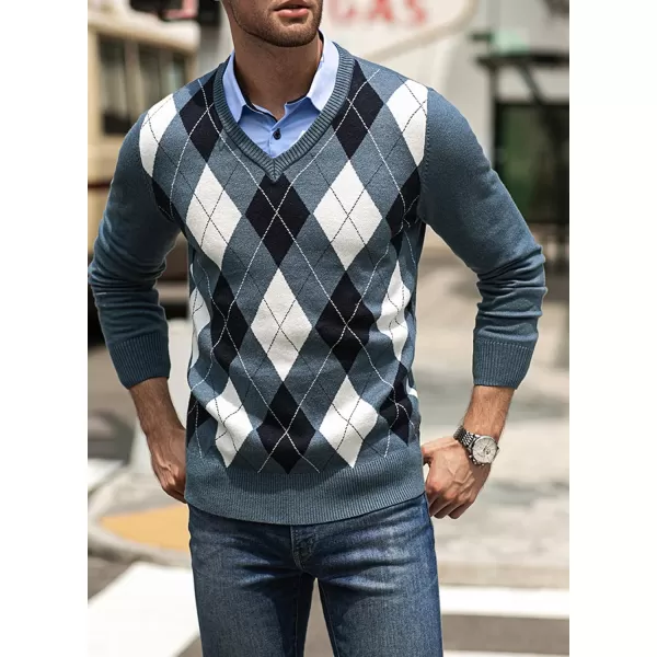 JMIERR Mens Sweaters Casual V Neck Ribbed Knit Slim Fit Long Sleeve Argyle Pullover