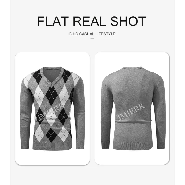 JMIERR Mens Sweaters Casual V Neck Ribbed Knit Slim Fit Long Sleeve Argyle Pullover