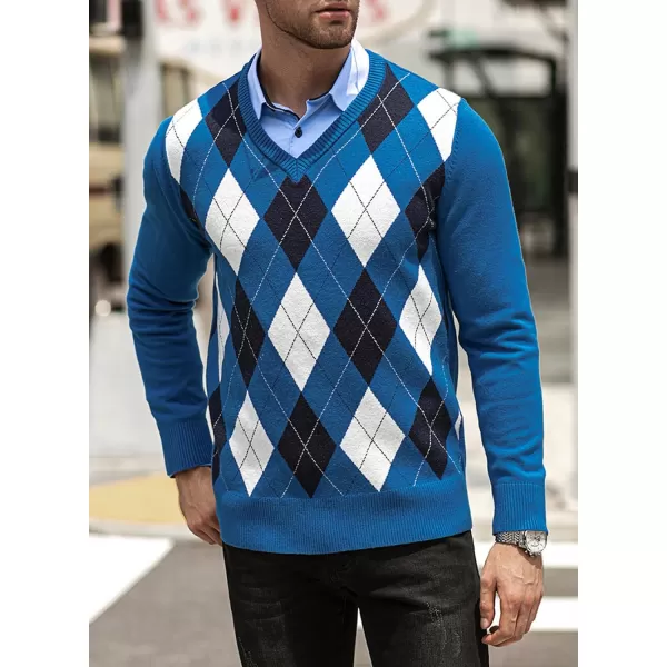 JMIERR Mens Sweaters Casual V Neck Ribbed Knit Slim Fit Long Sleeve Argyle Pullover