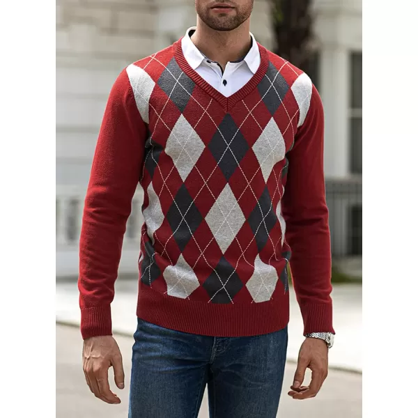 JMIERR Mens Sweaters Casual V Neck Ribbed Knit Slim Fit Long Sleeve Argyle Pullover