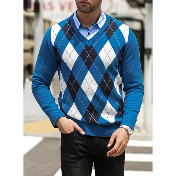 JMIERR Mens Sweaters Casual V Neck Ribbed Knit Slim Fit Long Sleeve Argyle Pullover
