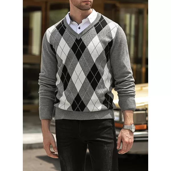 JMIERR Mens Sweaters Casual V Neck Ribbed Knit Slim Fit Long Sleeve Argyle Pullover
