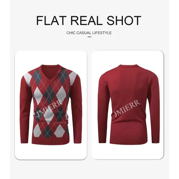 JMIERR Mens Sweaters Casual V Neck Ribbed Knit Slim Fit Long Sleeve Argyle Pullover