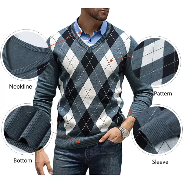 JMIERR Mens Sweaters Casual V Neck Ribbed Knit Slim Fit Long Sleeve Argyle Pullover