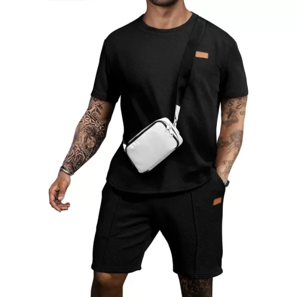 JMIERR Men's Jacquard Knit Lounge Sets Short Sleeve T-Shirts and Shorts Matching Set Loungewear Sweatsuit with Pockets