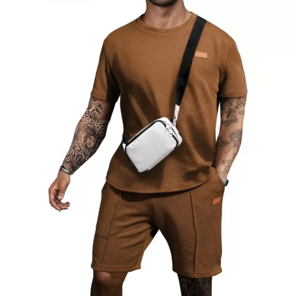 JMIERR Men's Jacquard Knit Lounge Sets Short Sleeve T-Shirts and Shorts Matching Set Loungewear Sweatsuit with Pockets