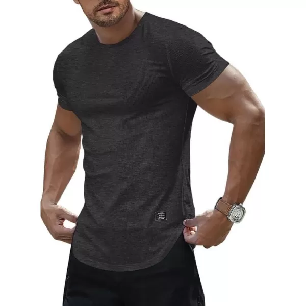 JMIERR Mens Muscle Slim T Shirt Crewneck Longline Henley Shirt Gym Workout Athletic Tee Shirts