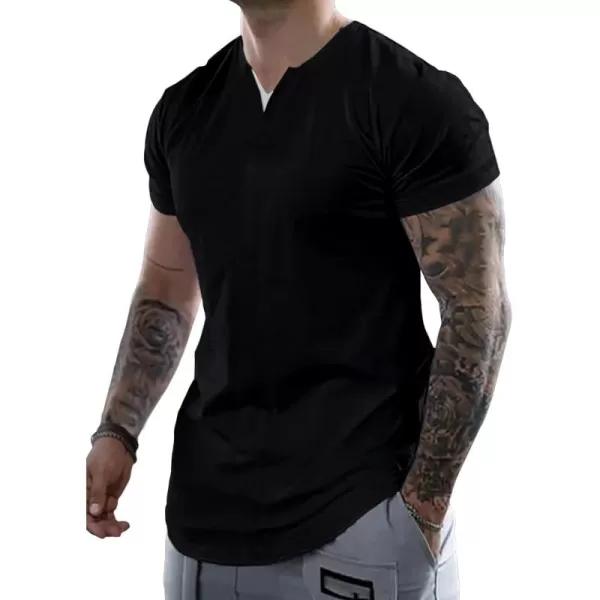 JMIERR Mens Muscle Slim T Shirts V-Neck Longline Henley Shirt Gym Workout Athletic Tees