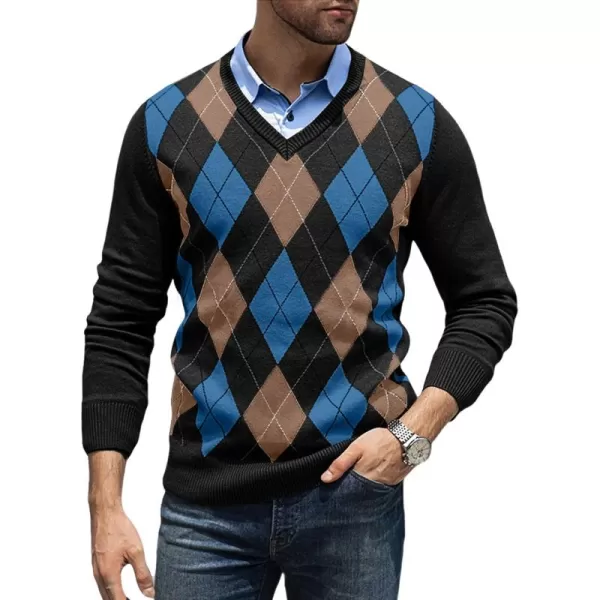 JMIERR Mens Sweaters Casual V Neck Ribbed Knit Slim Fit Long Sleeve Argyle Pullover