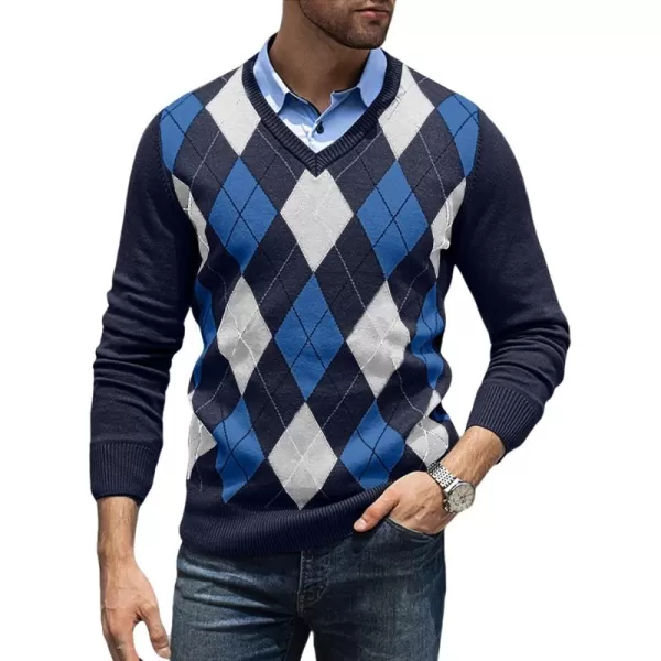 JMIERR Mens Sweaters Casual V Neck Ribbed Knit Slim Fit Long Sleeve Argyle Pullover