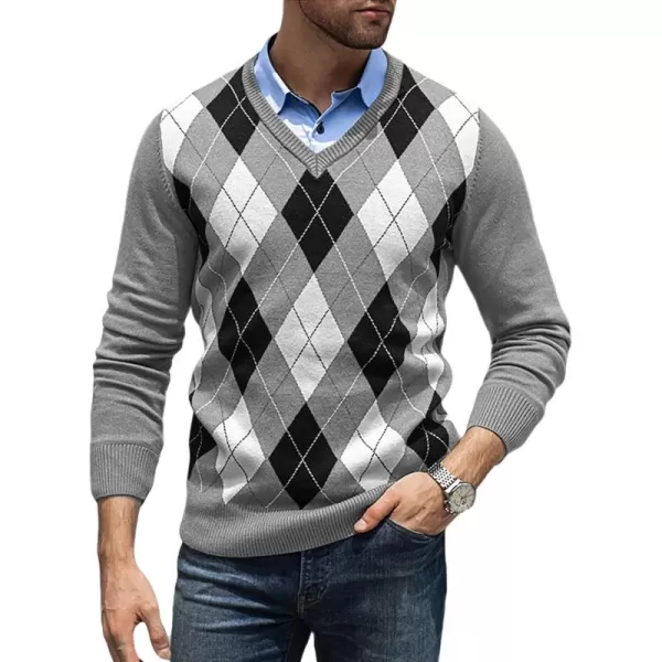 JMIERR Mens Sweaters Casual V Neck Ribbed Knit Slim Fit Long Sleeve Argyle Pullover