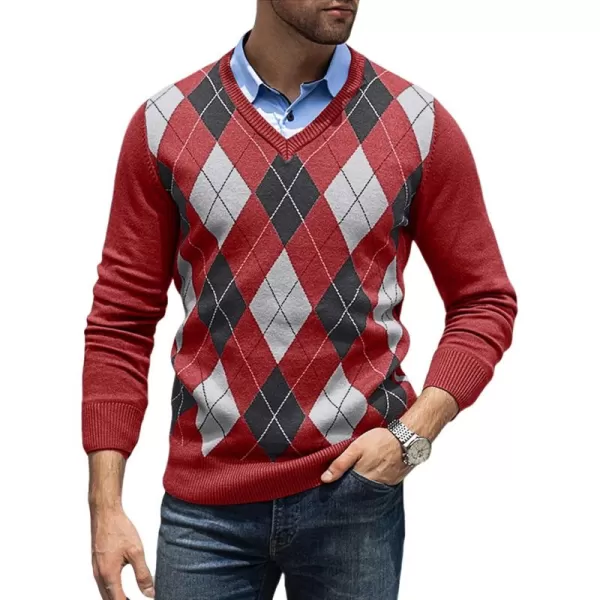 JMIERR Mens Sweaters Casual V Neck Ribbed Knit Slim Fit Long Sleeve Argyle Pullover