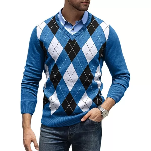 JMIERR Mens Sweaters Casual V Neck Ribbed Knit Slim Fit Long Sleeve Argyle Pullover