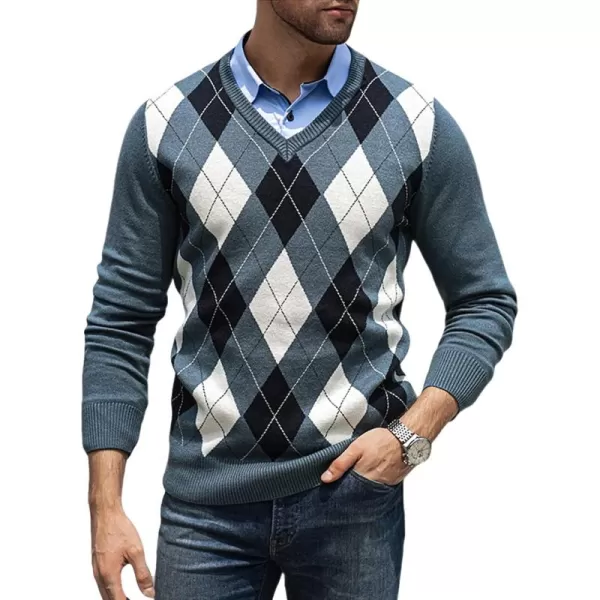 JMIERR Mens Sweaters Casual V Neck Ribbed Knit Slim Fit Long Sleeve Argyle Pullover