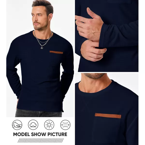 JMIERR Men's T-Shirt Waffle Textured Knit Drop-Shoulder Long Sleeve Tops Hipster Hip Hop Longline Crewneck Tees with Pocket