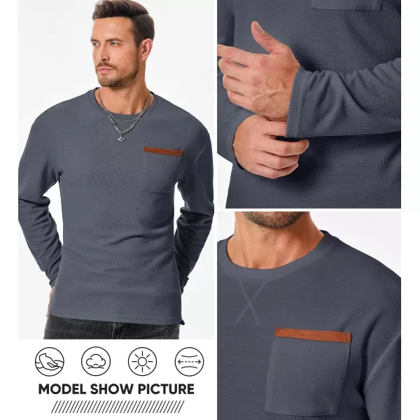 JMIERR Men's T-Shirt Waffle Textured Knit Drop-Shoulder Long Sleeve Tops Hipster Hip Hop Longline Crewneck Tees with Pocket