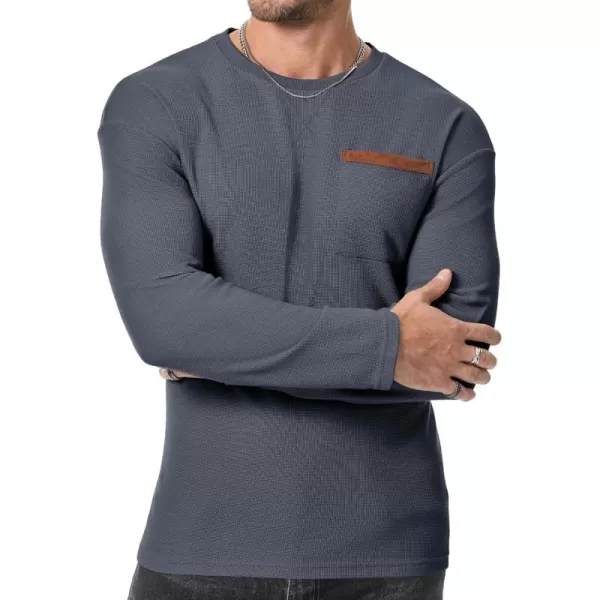 JMIERR Men's T-Shirt Waffle Textured Knit Drop-Shoulder Long Sleeve Tops Hipster Hip Hop Longline Crewneck Tees with Pocket
