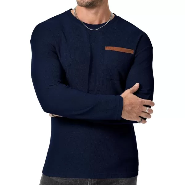 JMIERR Men's T-Shirt Waffle Textured Knit Drop-Shoulder Long Sleeve Tops Hipster Hip Hop Longline Crewneck Tees with Pocket