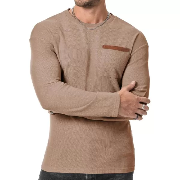 JMIERR Men's T-Shirt Waffle Textured Knit Drop-Shoulder Long Sleeve Tops Hipster Hip Hop Longline Crewneck Tees with Pocket