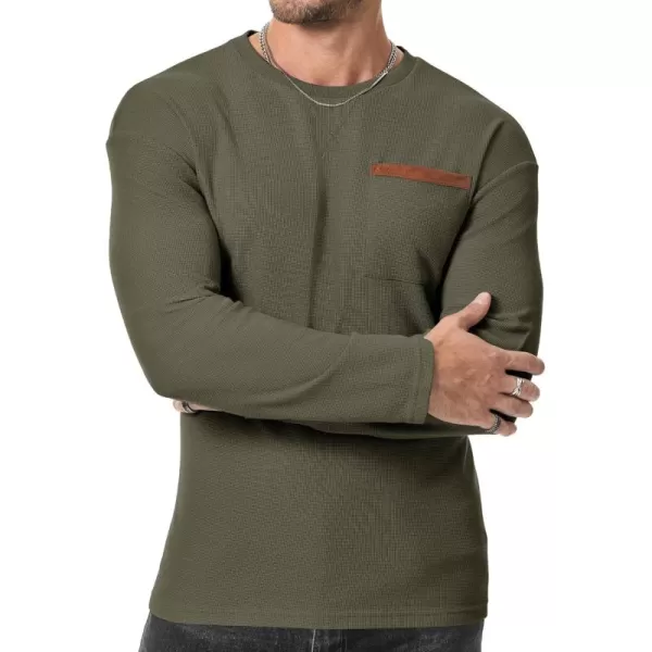 JMIERR Men's T-Shirt Waffle Textured Knit Drop-Shoulder Long Sleeve Tops Hipster Hip Hop Longline Crewneck Tees with Pocket
