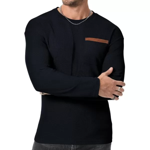 JMIERR Men's T-Shirt Waffle Textured Knit Drop-Shoulder Long Sleeve Tops Hipster Hip Hop Longline Crewneck Tees with Pocket